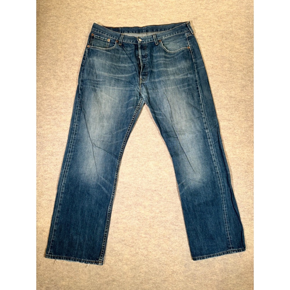 Levis 501 Straight Leg Jeans Mens 38x32 Blue Whiskering Denim Cotton Button Fly